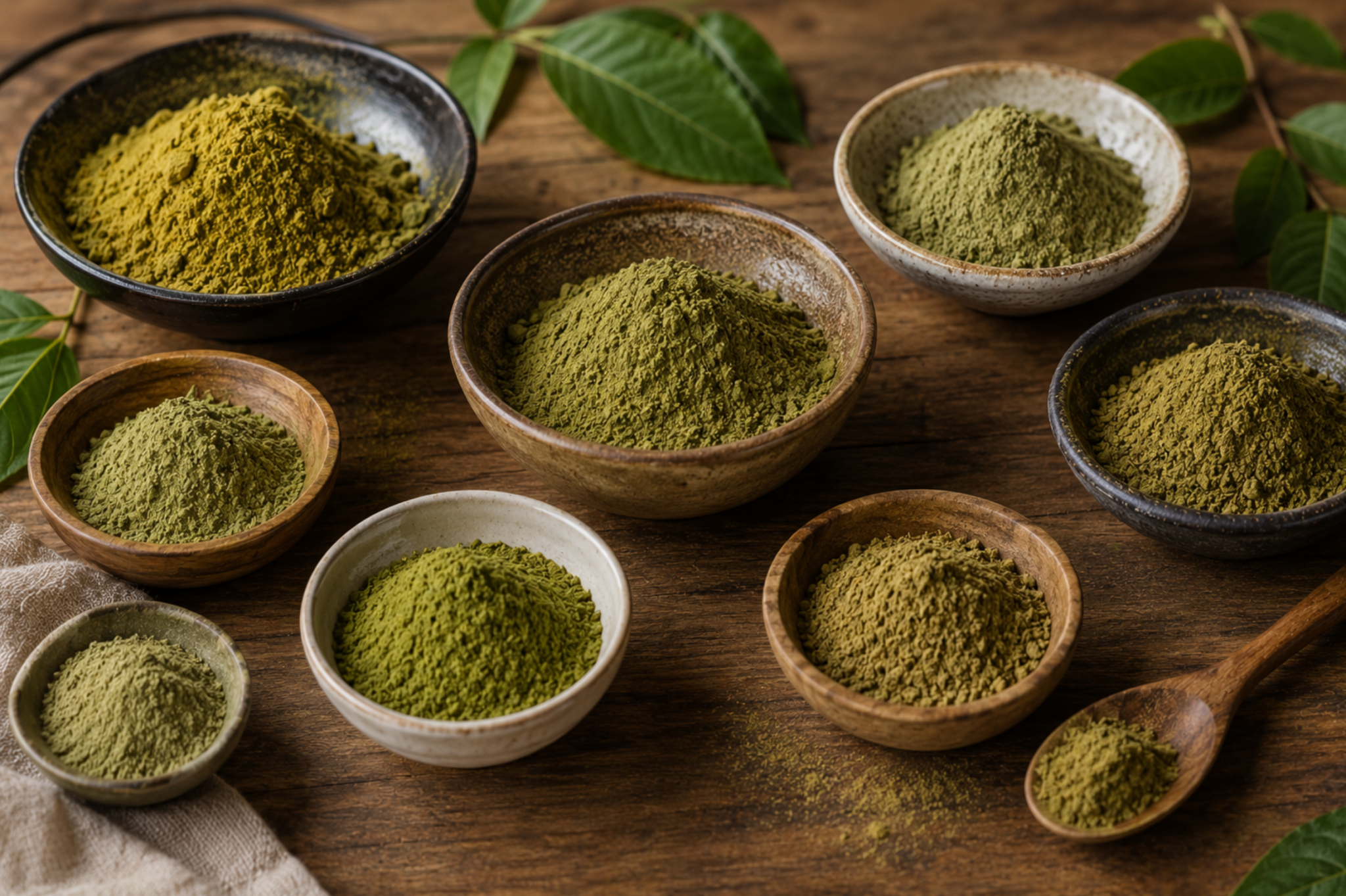 Different varieties of kratom powder in bowls